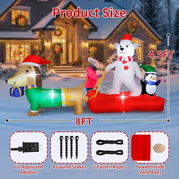 ⚡8FT Christmas Inflatables Weiner Dog Sleigh Bear&Penguins Outdoor Decorations - Picture 2 of 7